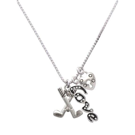 Delight Jewelry Silvertone Golf Clubs with Golf Ball - Love and Lock Charm Necklace, 18"+1"