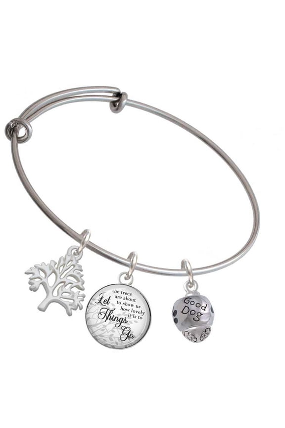 Silvertone Good Dog with Black Paw Spinners Silvertone Let Things Go Tree Charm Bangle Bracelet