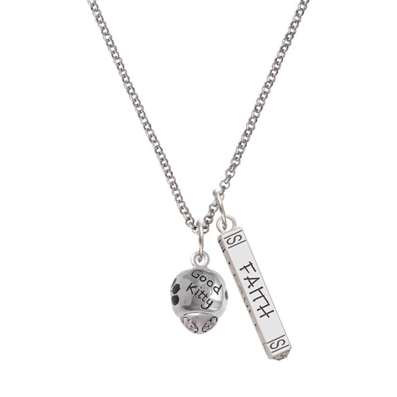 Delight Jewelry Silvertone Good Kitty with Black Paw Spinners Silvertone Believe Faith Prayer Hope Bar Charm Necklace, 23"