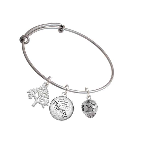 Delight Jewelry Silvertone Good Kitty with Black Paw Spinners Silvertone Let Things Go Tree Charm Bangle Bracelet