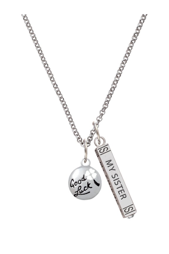 Silvertone Good Luck Disc with Cutout Four Leaf Clover Silvertone Always My Sister Bar Charm Necklace, 23"