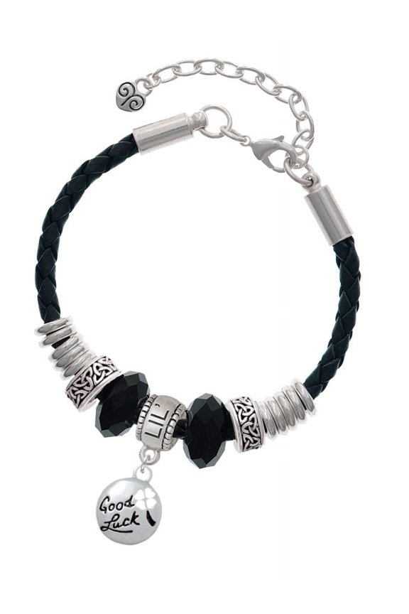 Silvertone Good Luck Disc with Cutout Four Leaf Clover Sister Celtic Knot Leather Bead Bracelet, 7"+2" Extender