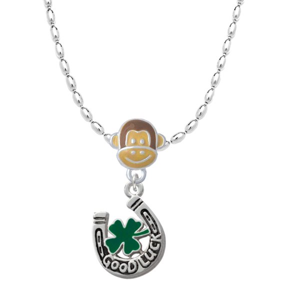 Delight Jewelry Silvertone Good Luck Horseshoe with Green Four Leaf Clover Mia Monkey Charm Necklace