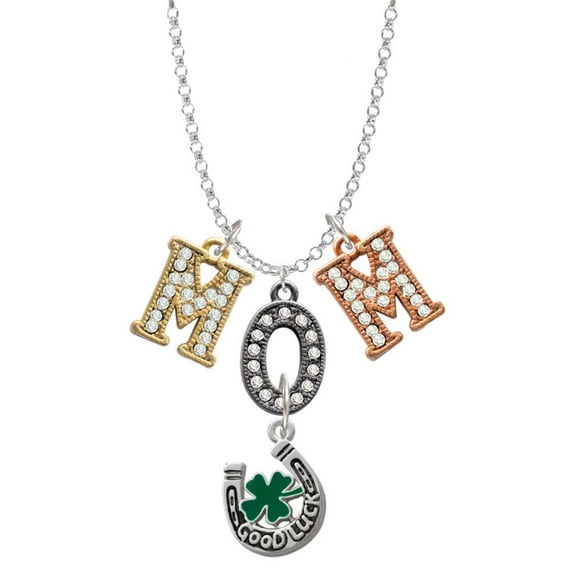 Delight Jewelry Silvertone Good Luck Horseshoe with Green Four Leaf Clover Multi-Colored Crystal Mom Charm Necklace