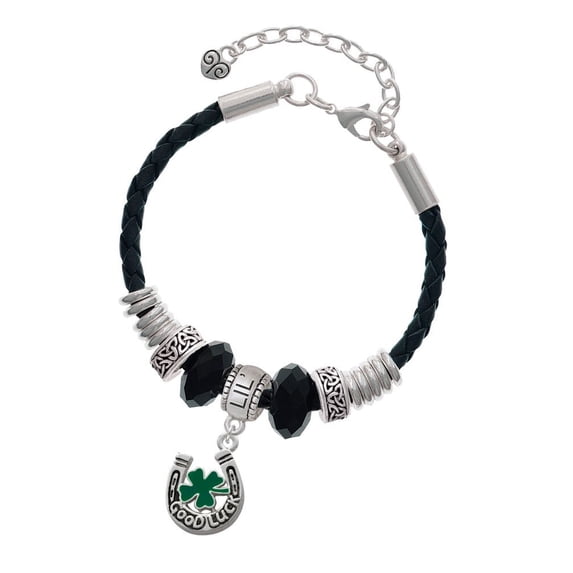 Delight Jewelry Silvertone Good Luck Horseshoe with Green Four Leaf Clover Lil Sister Celtic Knot Leather Bead Bracelet, 7"+2" Extender