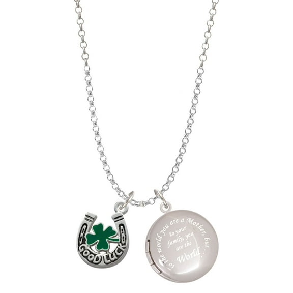 Delight Jewelry Silvertone Good Luck Horseshoe with Green Four Leaf Clover To the World You are a Mother Locket Necklace