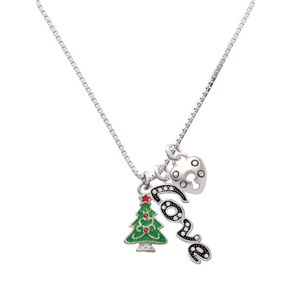 Delight Jewelry Silvertone Green Christmas Tree with Red Crystals - Love and Lock Charm Necklace, 18"+1"