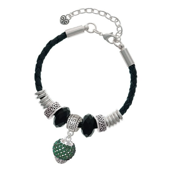Delight Jewelry Silvertone Green Crystal Sparkle Spinner Best Friend Celtic Knot Leather Bead Bracelet, 7"+2" Extender