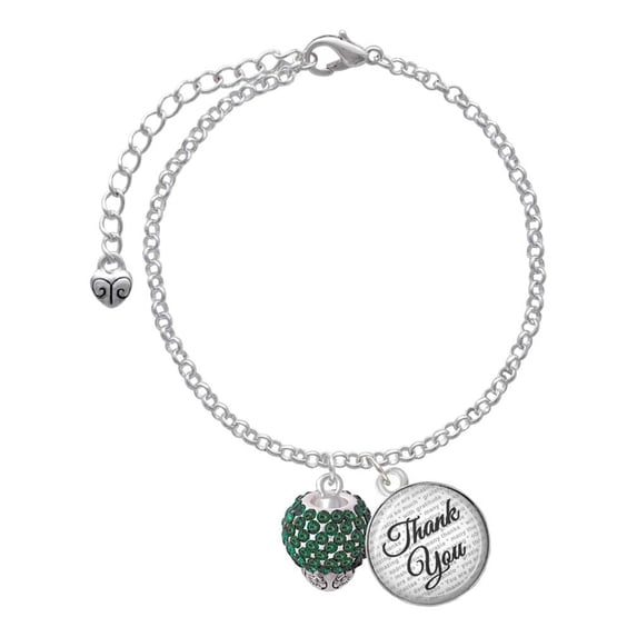 Delight Jewelry Silvertone Green Crystal Sparkle Spinner - Domed Thank You Charm Bracelet, 6"+2"