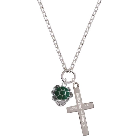 Delight Jewelry Silvertone Green Enamel 2-D Turtle Spinner Be Strong and Courageous Engraved Cross Zoey Necklace, 28"