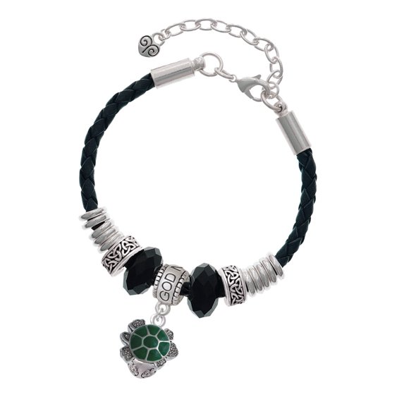 Delight Jewelry Silvertone Green Enamel 2-D Turtle Spinner Godmother Celtic Knot Leather Bead Bracelet, 7"+2" Extender
