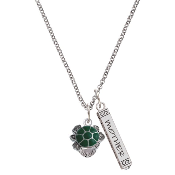 Delight Jewelry Silvertone Green Enamel 2-D Turtle Spinner Silvertone Mother Daughter Bar Charm Necklace, 23"