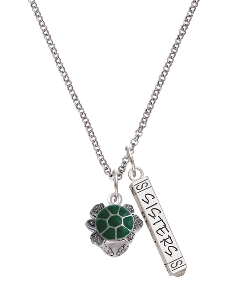 Delight Jewelry Silvertone Green Enamel 2-D Turtle Spinner Silvertone Sisters Best Friends Forever Bar Charm Necklace, 23"