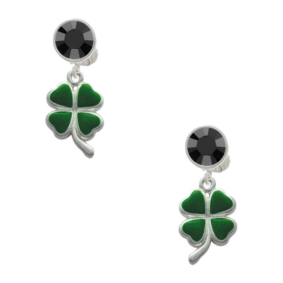 Delight Jewelry Silvertone Green Four Leaf Clover with Heart Leaves Black Crystal Clip on Earrings