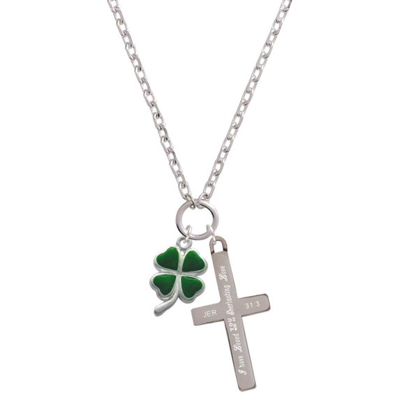 Delight Jewelry Silvertone Green Four Leaf Clover with Heart Leaves Everlasting Love Engraved Cross Zoey Necklace, 28"