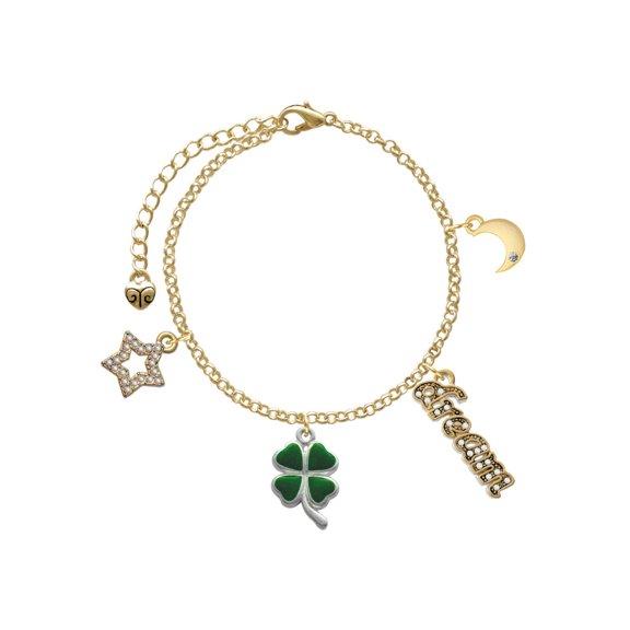 Delight Jewelry Silvertone Green Four Leaf Clover with Heart Leaves Goldtone Dream Big Charm Bracelet, 7.5+2" Extender