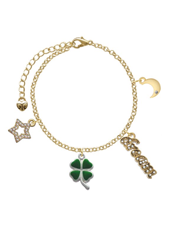 Silvertone Green Four Leaf Clover with Heart Leaves Goldtone Dream Big Charm Bracelet, 7.5+2" Extender