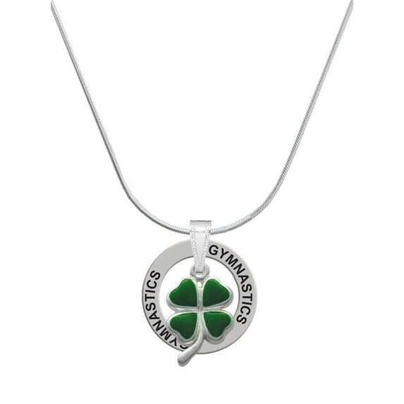 Delight Jewelry Silvertone Green Four Leaf Clover with Heart Leaves Gymnastics Ring Charm Necklace, 18"