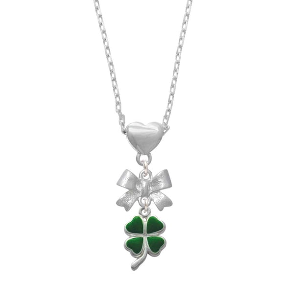 Delight Jewelry Silvertone Green Four Leaf Clover with Heart Leaves Silver tone Bow Heart Necklace