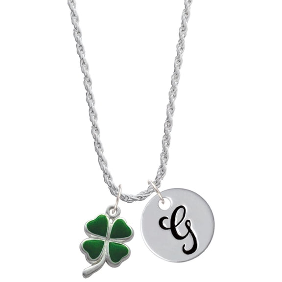 Delight Jewelry Silvertone Green Four Leaf Clover with Heart Leaves Silvertone Script Initial Disc - G - Charm Necklace, 20"+3"