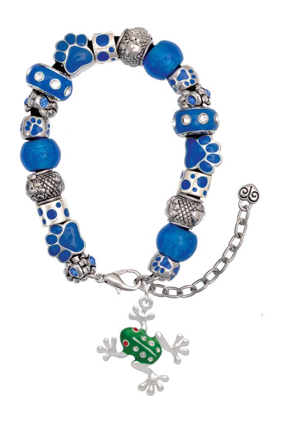 Silvertone Green Frog with Crystals Blue Paw Print Bead Bracelet, 7"+2"