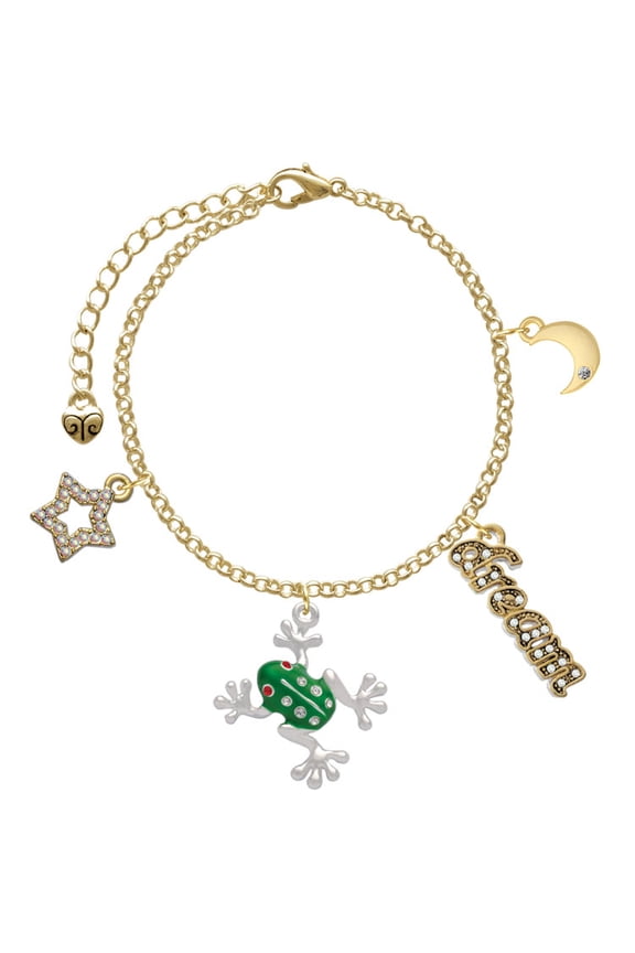 Silvertone Green Frog with Crystals Goldtone Dream Big Charm Bracelet, 7.5+2" Extender