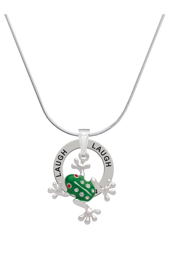 Silvertone Green Frog with Crystals Laugh Ring Charm Necklace, 18"