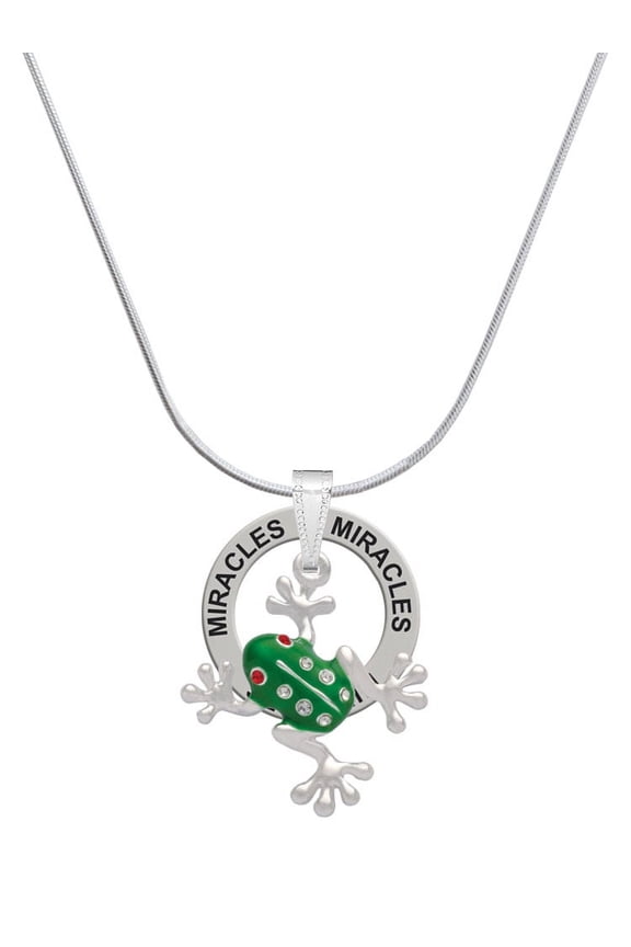 Silvertone Green Frog with Crystals Miracles Ring Charm Necklace, 18"