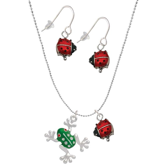 Delight Jewelry Silvertone Green Frog with Crystals Red Lucky Ladybug Necklace and Dangle Earrings Set