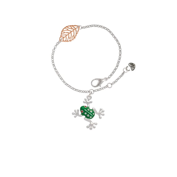 Delight Jewelry Silvertone Green Frog with Crystals - Rose Goldtone Leaf Delicate Bracelet, 6.25+1.75"