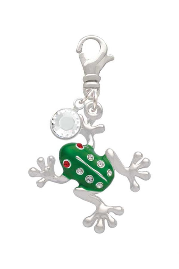 Silvertone Green Frog with Crystals - Silvertone Clip on Charm with Clear Crystal Drop