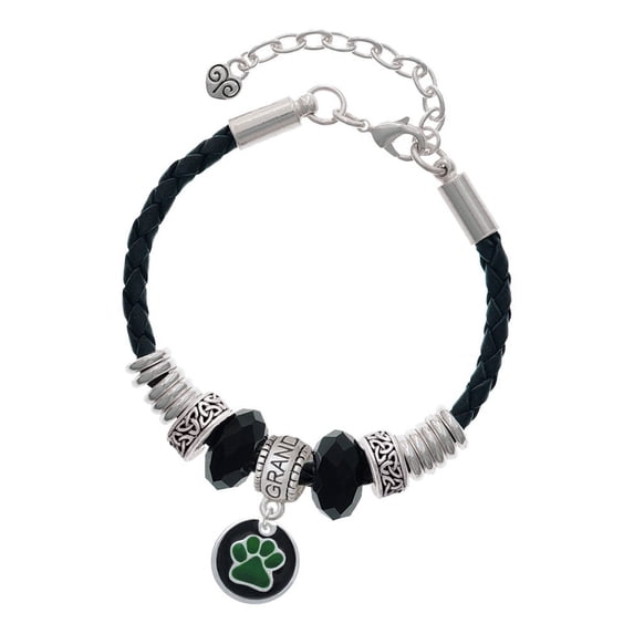 Delight Jewelry Silvertone Green Paw on Black Disc Granddaughter Celtic Knot Leather Bead Bracelet, 7"+2" Extender