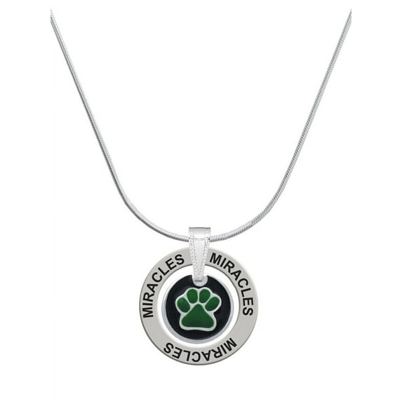 Delight Jewelry Silvertone Green Paw on Black Disc Miracles Ring Charm Necklace, 18"