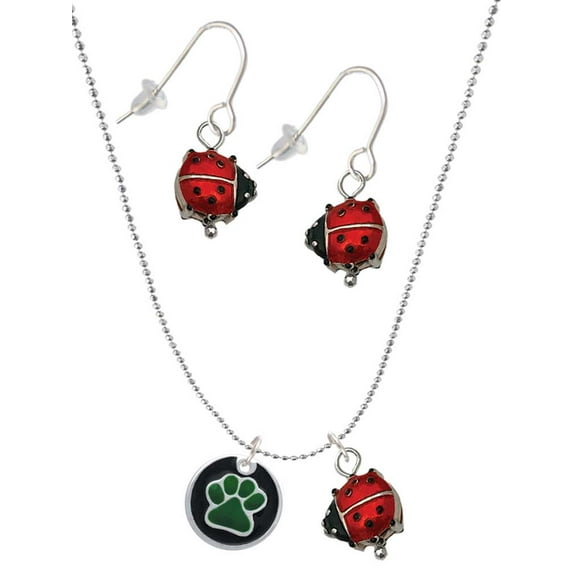 Delight Jewelry Silvertone Green Paw on Black Disc Red Lucky Ladybug Necklace and Dangle Earrings Set