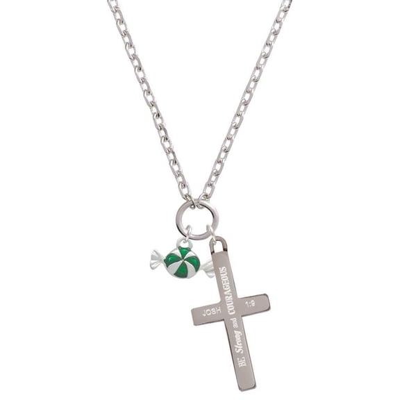 Delight Jewelry Silvertone Green Peppermint Candy Be Strong and Courageous Engraved Cross Zoey Necklace, 28"