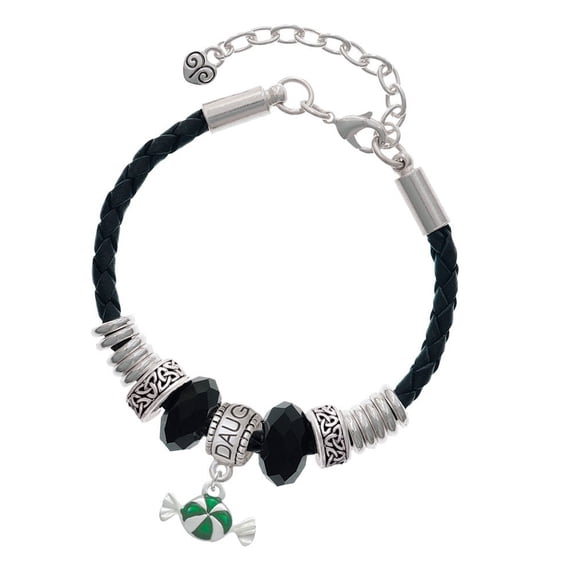 Delight Jewelry Silvertone Green Peppermint Candy Daughter Celtic Knot Leather Bead Bracelet, 7"+2" Extender