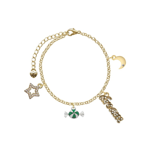 Delight Jewelry Silvertone Green Peppermint Candy Goldtone Dream Big Charm Bracelet, 7.5+2" Extender