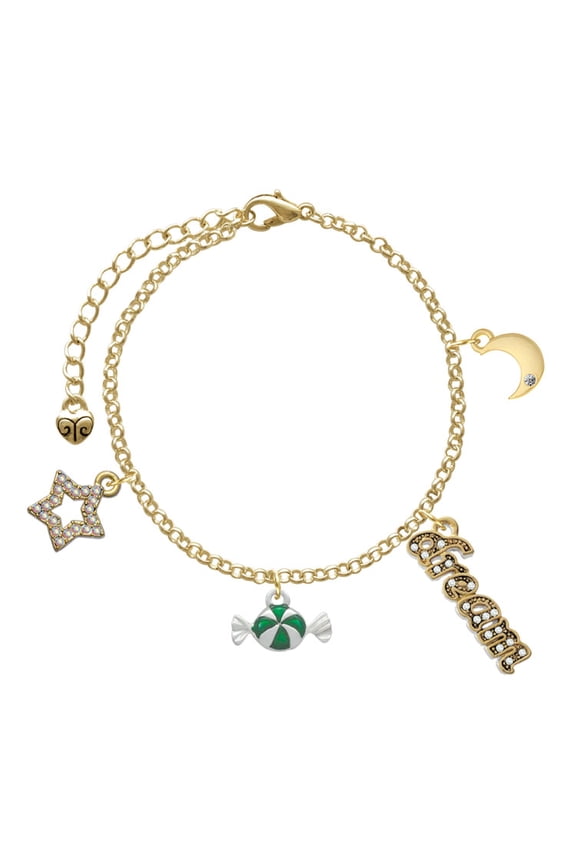 Silvertone Green Peppermint Candy Goldtone Dream Big Charm Bracelet, 7.5+2" Extender