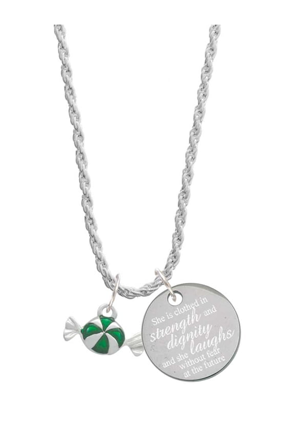 Silvertone Green Peppermint Candy She is Clothed in Stength and Dignity Charm Necklace, 20"+3"