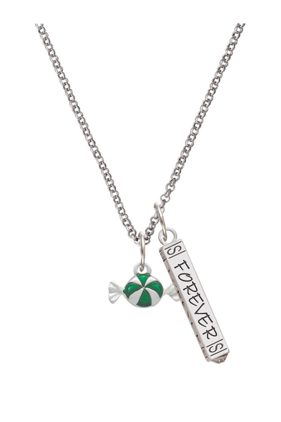 Silvertone Green Peppermint Candy Silvertone Forever Bar Charm Necklace, 23"