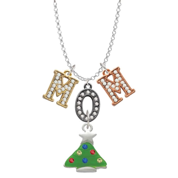 Delight Jewelry Silvertone Green Resin Christmas Tree with Crystals Multi-Colored Crystal Mom Charm Necklace