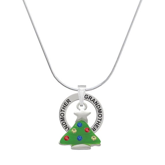 Delight Jewelry Silvertone Green Resin Christmas Tree with Crystals Silvertone Grandmother Ring Charm Necklace, 18"