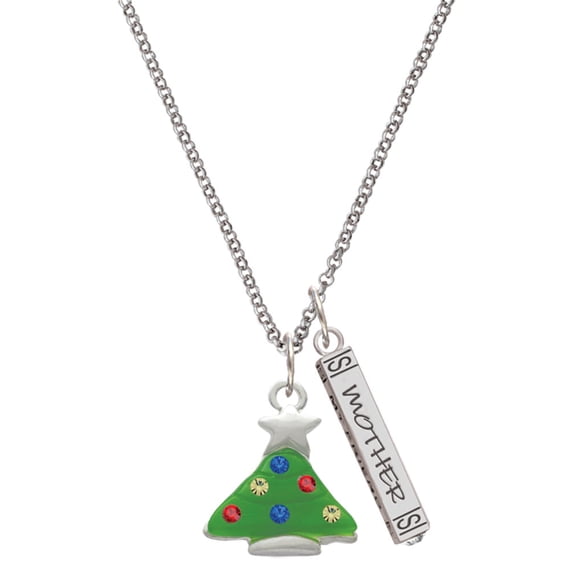 Delight Jewelry Silvertone Green Resin Christmas Tree with Crystals Silvertone Mother Daughter Bar Charm Necklace, 23"
