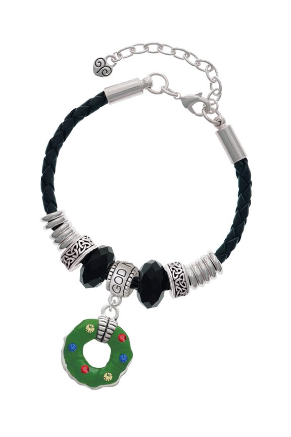 Silvertone Green Resin Wreath with Crystals Godmother Celtic Knot Leather Bead Bracelet, 7"+2" Extender