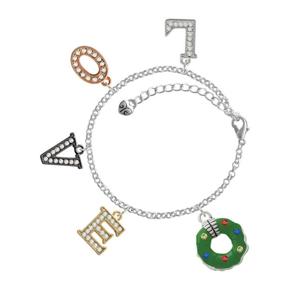 Delight Jewelry Silvertone Green Resin Wreath with Crystals Multi-Colored Crystal Love Charm Bracelet