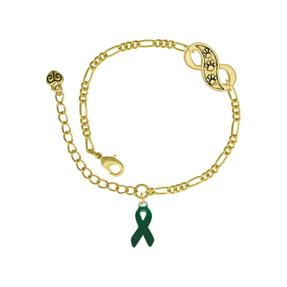 Delight Jewelry Silvertone Green Ribbon Gold-tone Paw Infinity Link Chain Bracelet, 6"+2" Extender