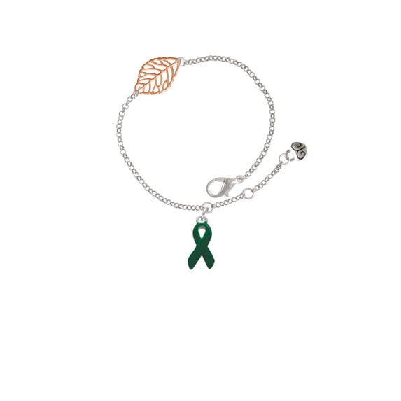 Delight Jewelry Silvertone Green Ribbon - Rose Goldtone Leaf Delicate Bracelet, 6.25+1.75"