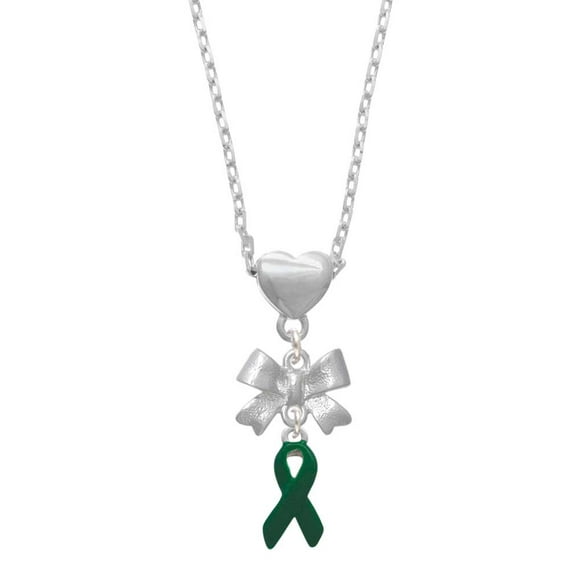 Delight Jewelry Silvertone Green Ribbon Silver tone Bow Heart Necklace