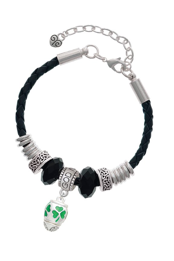 Silvertone Green Shamrock Spinner Godmother Celtic Knot Leather Bead Bracelet, 7"+2" Extender