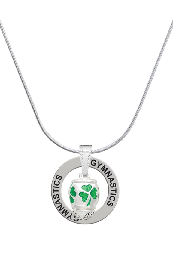 Silvertone Green Shamrock Spinner Gymnastics Ring Charm Necklace, 18"
